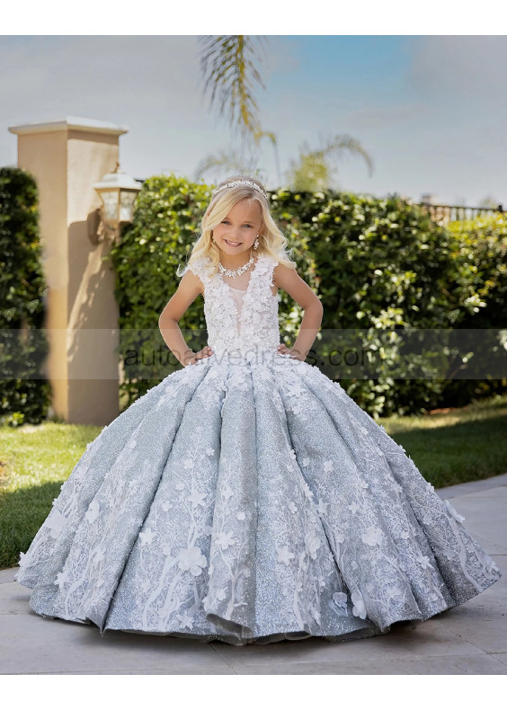 Stunning Beaded Ivory Lace Floral Appliques Sparkly Flower Girl Dress